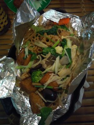 Baked tofu and mushroom and veggies Enough to fill you! at Yen Nha Hang Chay & Yoga in Nha Trang