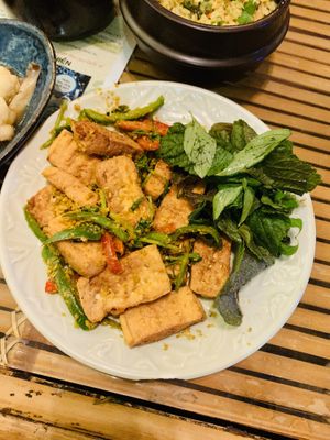 Fried tofu with lemongrass (very yummy!) at Yen Nha Hang Chay & Yoga in Nha Trang