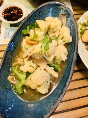 Stir fried mushrooms with broccoli (although also cauliflower and carrots) - tasty!  at Yen Nha Hang Chay & Yoga in Nha Trang
