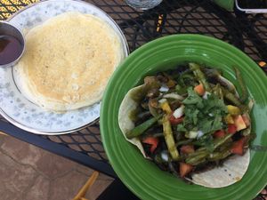 Vegetable Frijoles and Coconut Almind Pancake at The Farmer's Table Cafe in Fayetteville