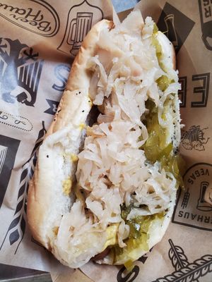 hot dog before I removed the dairy filled bun at New York New York - BeerHaus in Las Vegas