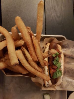 Fries and dog.  at New York New York - BeerHaus in Las Vegas