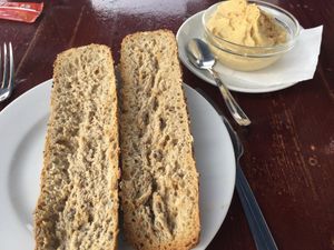 Baguette con hummus y pan de semillas at Cafe Bonjour in Lanzarote