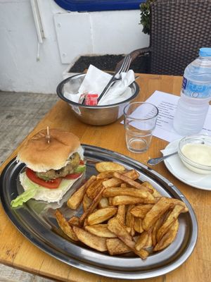 Lentil burger and chips  at Cafe Bonjour in Lanzarote