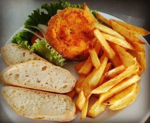 Burguer vegana con papas fritas  at Cafe Bonjour in Lanzarote