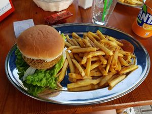 Lentil burger + chips  at Cafe Bonjour in Lanzarote