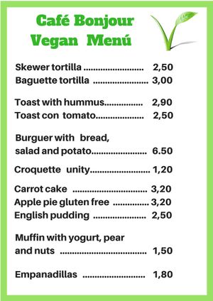 Vegan Menu at Cafe Bonjour in Lanzarote