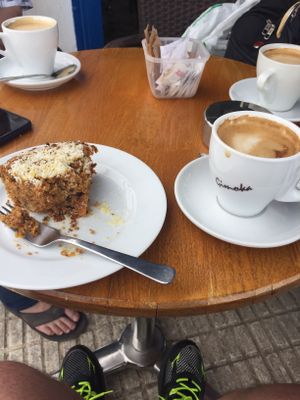 Carrot cake (mmmm) and coffee with soy milk  at Cafe Bonjour in Lanzarote