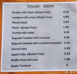 Current vegan menu at Cafe Bonjour in Lanzarote