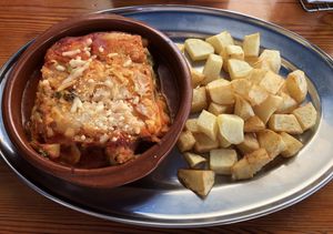 Vegan lasagna & chips at Cafe Bonjour in Lanzarote