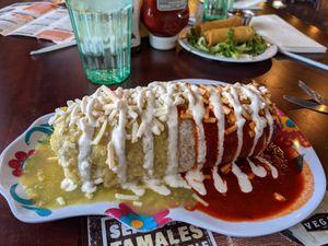Wet burrito with green and red sauce. Green = HOT at Pancho's Vegan Cantina in Las Vegas