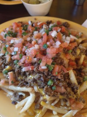 Fries fixed like nachos- yummy and so filling at Pancho's Vegan Cantina in Las Vegas