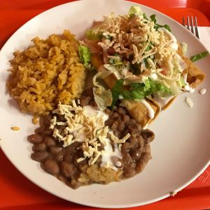 rolled tacos, rice and beans at Pancho's Vegan Cantina in Las Vegas