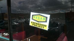stickers on the window at Pancho's Vegan Cantina in Las Vegas