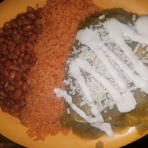 Green chicken enchilada plate. Spicy at Pancho's Vegan Cantina in Las Vegas