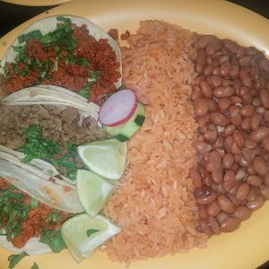 Taco plate with 3 types of "meat". Asked for no onions at Pancho's Vegan Cantina in Las Vegas