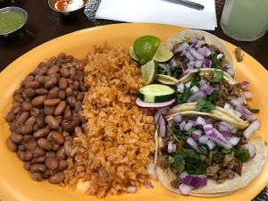 Street Taco's with Spanish rice and beans with a cucumber drink...Such Good Flavor! at Pancho's Vegan Cantina in Las Vegas