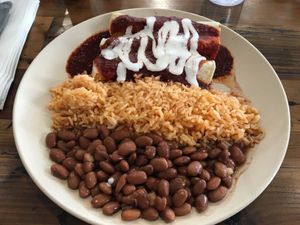 Red enchiladas sans cheese  at Pancho's Vegan Cantina in Las Vegas