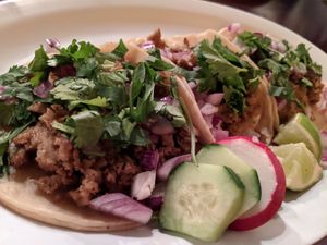 Taco plate with carne asada at Pancho's Vegan Cantina in Las Vegas