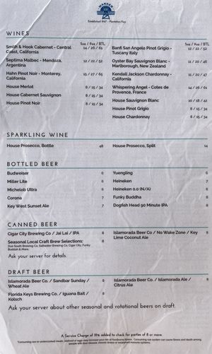 Menu drinks  at Marker 88 in Islamorada