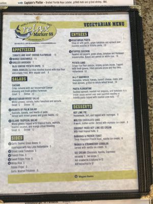 Mile Marker 88 Vegetarian menu. Items marked with a “V” are vegan. at Marker 88 in Islamorada