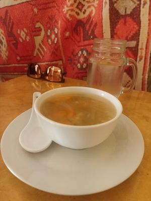 Menu del día soup (veggies): pieces of carrots, corn on the cob at Natural Spice in Panama City