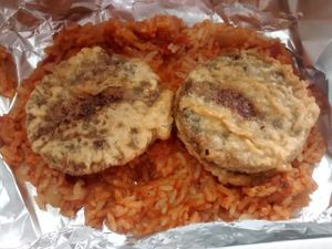 Battered vegetarian haggis and Spanish rice at Hooked in Glasgow