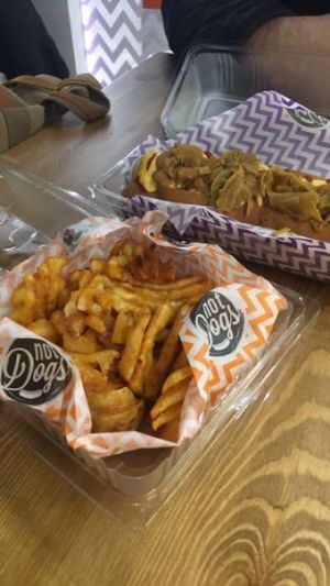 Waffle Fries (with the Original Frank dog in the background) at Not Dogs in Birmingham