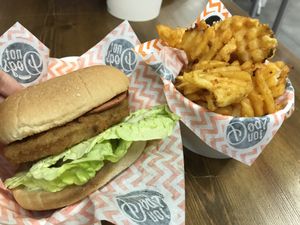 Amazing ‘chicken & bacon’ burger with waffle fries ! at Not Dogs in Birmingham