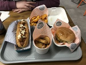 Tikka dog, waffle fries, nuggets and a burger. A filling pit stop for two.  at Not Dogs in Birmingham
