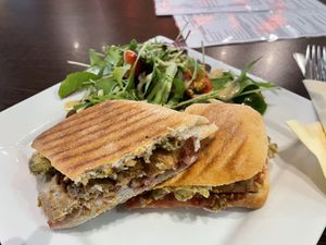 Vegan sausage, stuffing and cranberry sauce panino    at Let's Toast Coffee House in Okehampton