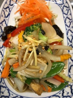 Ginger stir fried with mixed veggies and tofu vegetarian, vegan or gluten free as requested pls ask as requested  at Pattaya Thai in Hamilton