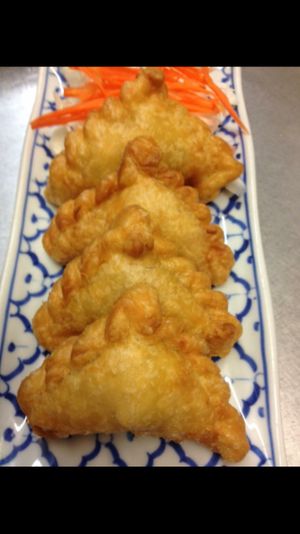 Curry puff; mixed peas in mild curry 
mash potato in puff pastry ( dipped fried) at Pattaya Thai in Hamilton