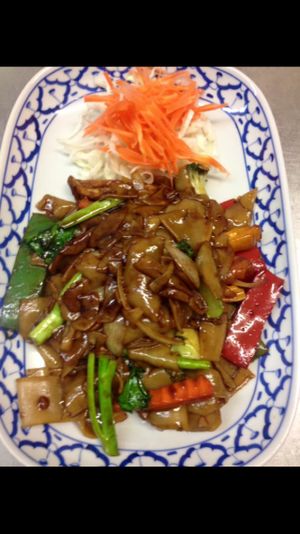 Pad see ewe veggies ; thick rice noodle fried with egg , soy sauce, dark sweet sauce ( veggies and tofu) 

 at Pattaya Thai in Hamilton