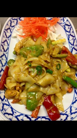 Peanut sauce noodle with veggies and tofu : thick rice noodle fried with egg ,peanut sauce , mixed veggies and tofu at Pattaya Thai in Hamilton