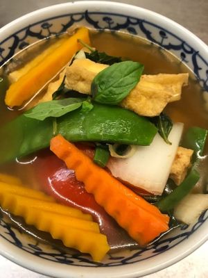 Jungle curry hot and spicy chili paste ( non coconut milk) with veggies and tofu and fresh thai herbs at Pattaya Thai in Hamilton