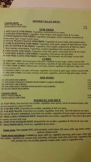 The vegan menu (just ask for it when you are being seated) at Pattaya Thai in Hamilton