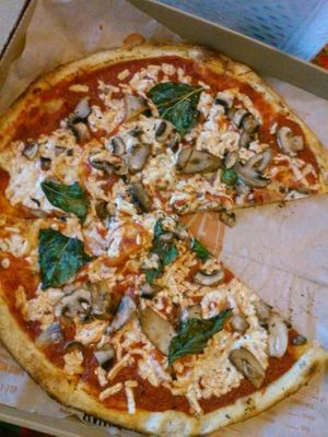 My vegan pizza: traditional pizza crust, red classic sauce, vegan cheese, mushrooms, and basil. at Blaze Pizza in Claremont