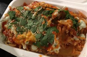 kimchi Fries! looks gross, but tasted soooo good at Burger Box in Tallinn