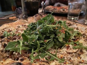 Mushroom truffle pizza was divine and that puttanesca pizza there in the background was outstanding  at Red Sparrow Pizza in Collingwood