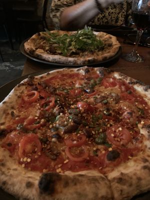 The puttanesca and mushroom pizzas. A bit too much cheers on the puttanesca this time for me. Still good   at Red Sparrow Pizza in Collingwood