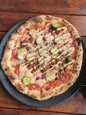 Cheeseburger pizza to die for at Red Sparrow Pizza in Collingwood