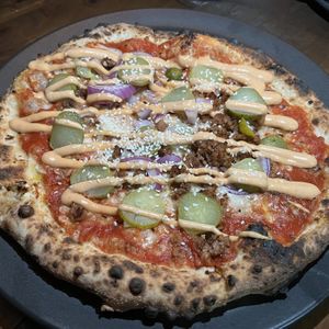 Cheeseburger - when you can’t decide between eating a burger or a pizza!  at Red Sparrow Pizza in Collingwood