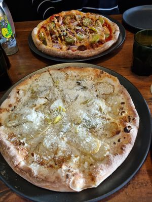 Bianca and cheeseburger pizza. Both amazing! at Red Sparrow Pizza in Collingwood