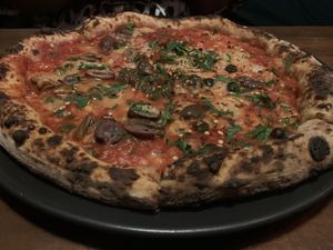 Putanesca with chilli flakes, chilli oil and less cheese. Too good!  at Red Sparrow Pizza in Collingwood