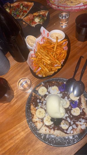 My very first vegan restaurant meal. Went there for a mate’s birthday night dinner.                           pizza’s overall 8.5/10, chips 9/10, Choco banana pizza 10/10.  at Red Sparrow Pizza in Collingwood