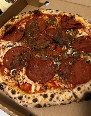 Pepperoni pizza with extra mushrooms and caramelised onion.  at Red Sparrow Pizza in Collingwood