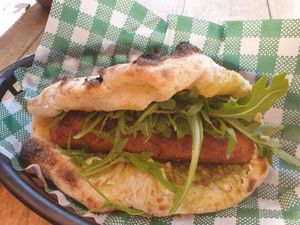 Beyond sausage, pesto, rocket sandwich $16.00: YUM at Red Sparrow Pizza in Collingwood