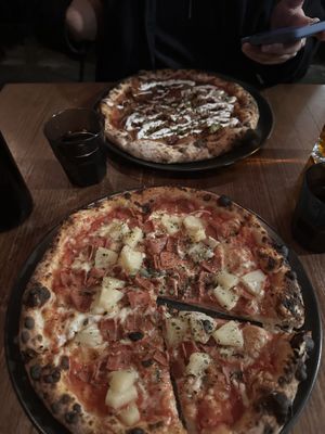 Vegan Margherita (bottom) BBQ chicken (no cheese) (top)  at Red Sparrow Pizza in Collingwood