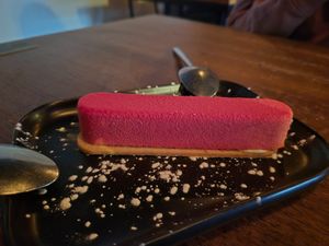 Raspberry+white choc entremet $10.00: so delicate and light with amazing crispy biscuit base, perfection at Red Sparrow Pizza in Collingwood